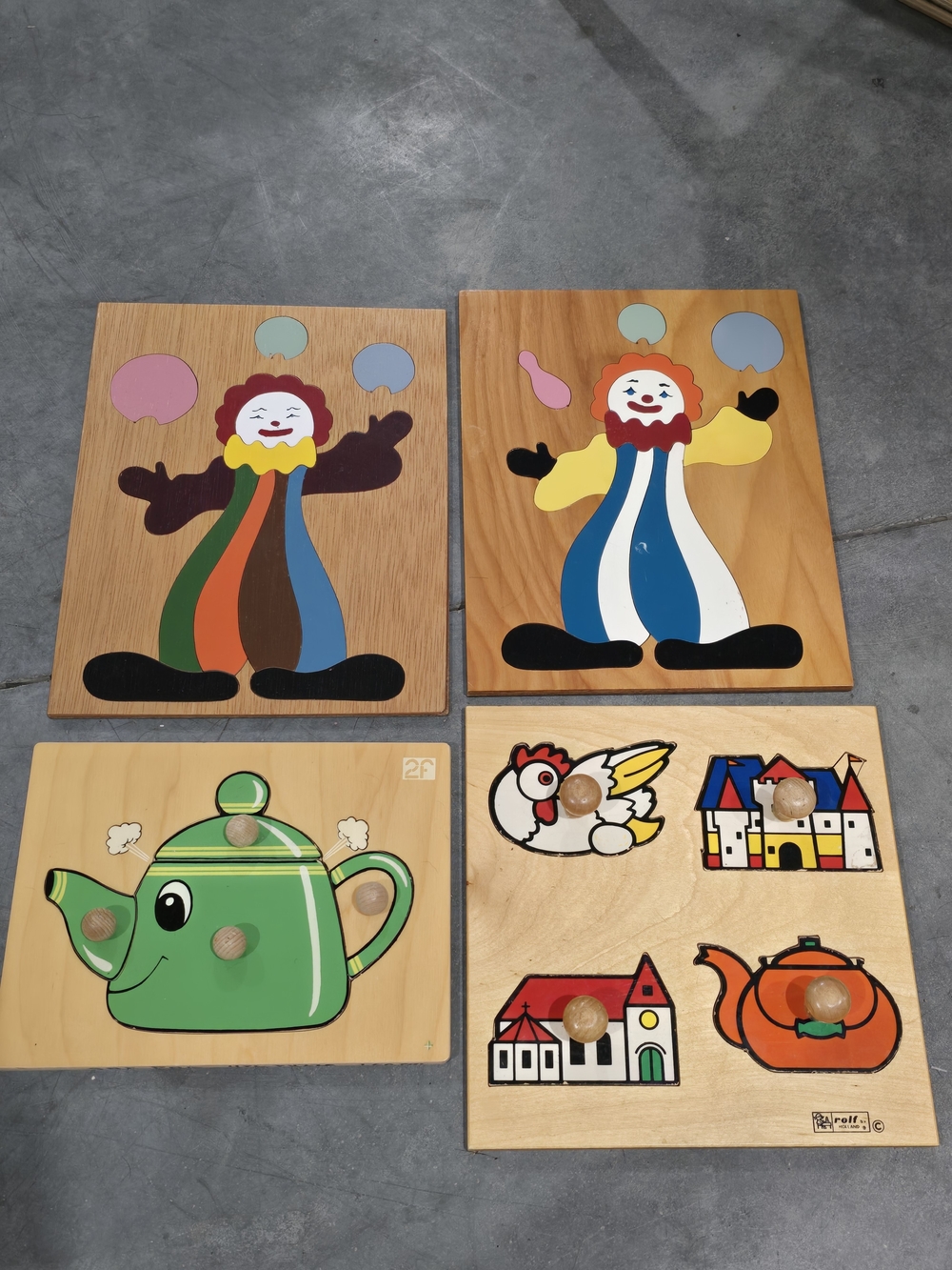 4x Vintage Wooden Kids Puzzle Set - Colorful Clown & House Pieces